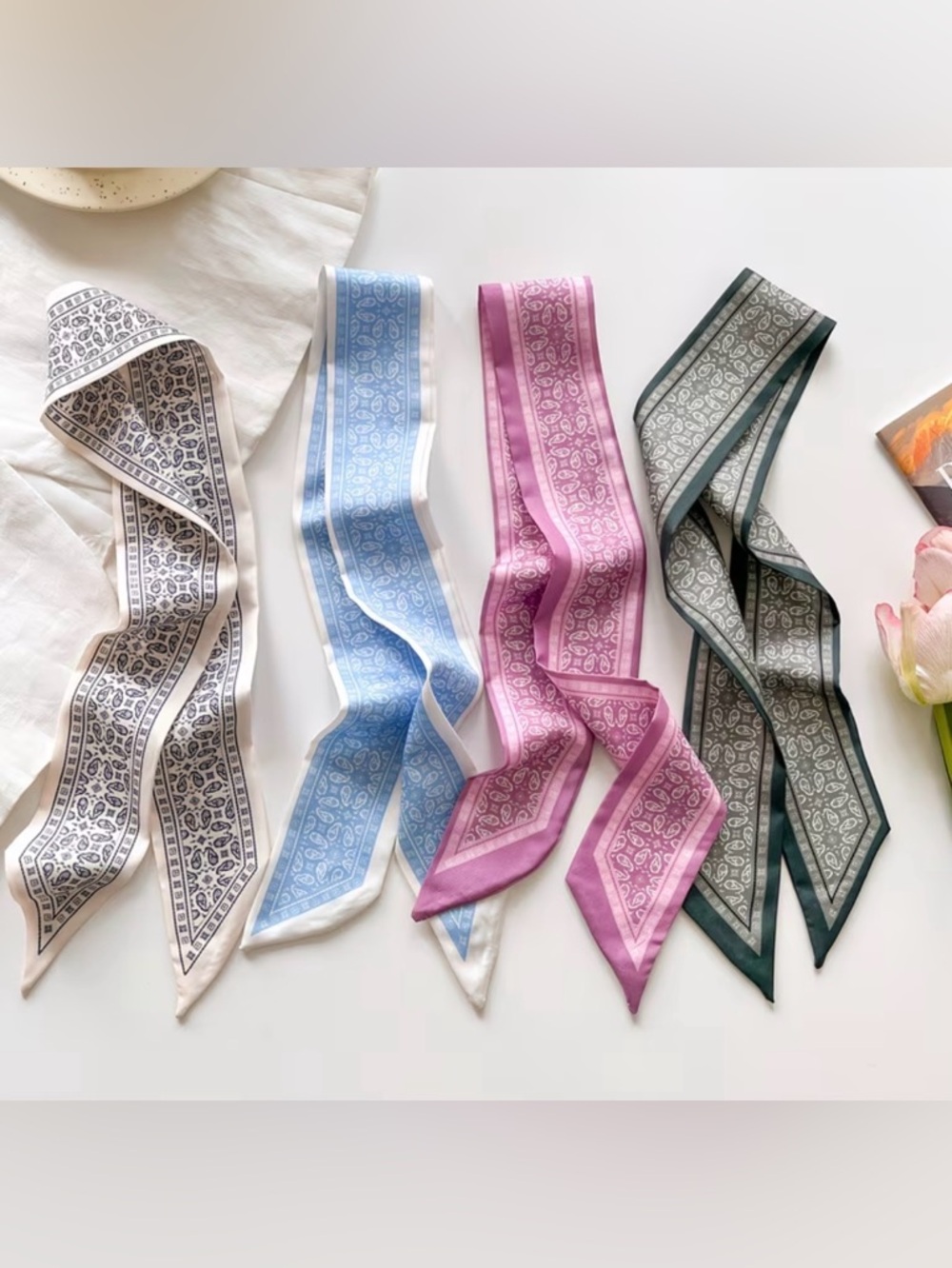 Set of 4 Paisley Twilly Scarf Bundle // BoHo French Skinny Silky Bag Scarves NWT